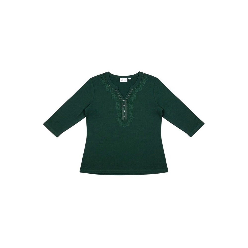 Denim&Co. Forest Green Embroidered Bead Embellished Henley Thermal Top Cotton XL